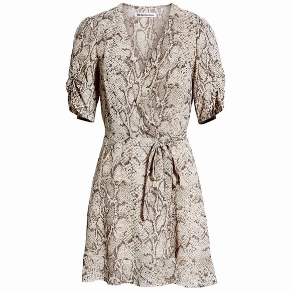REFORMATION Crepe Snake Print Ruched Short Sleeve V-Neck Wrap Waist Mini Dress S - Picture 8 of 9